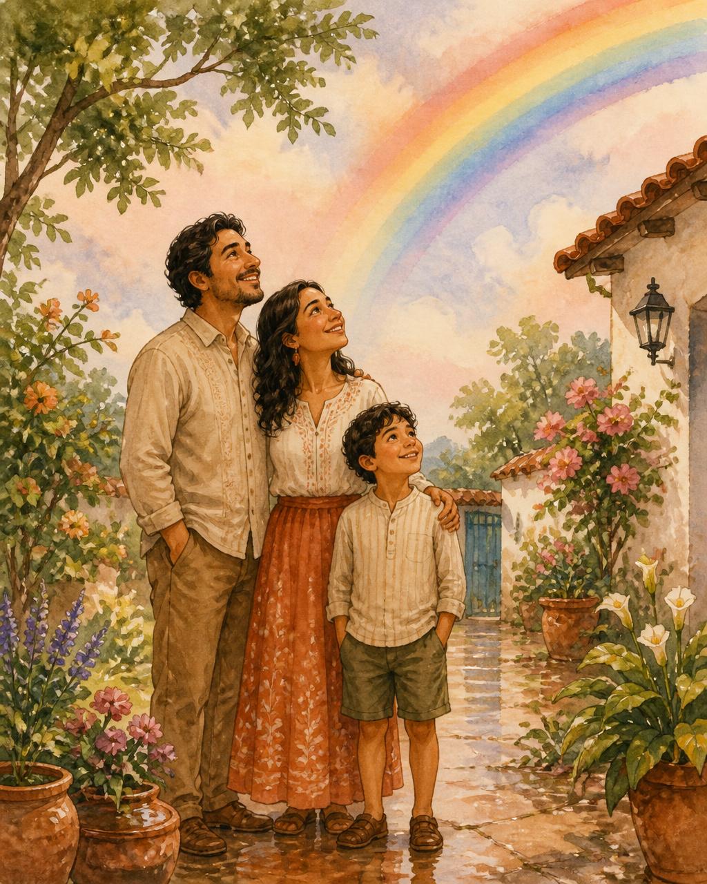 Watercolor illustration of a family looking up at a rainbow after spring rain, cover of Chasing a Rainbow